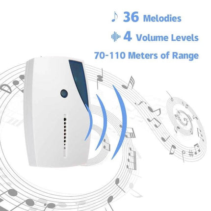 Wireless Doorbell with Multiple Chime Options for Home Entry - indoor receiver showing 36 melodies, 4 volume levels, 70-110m range