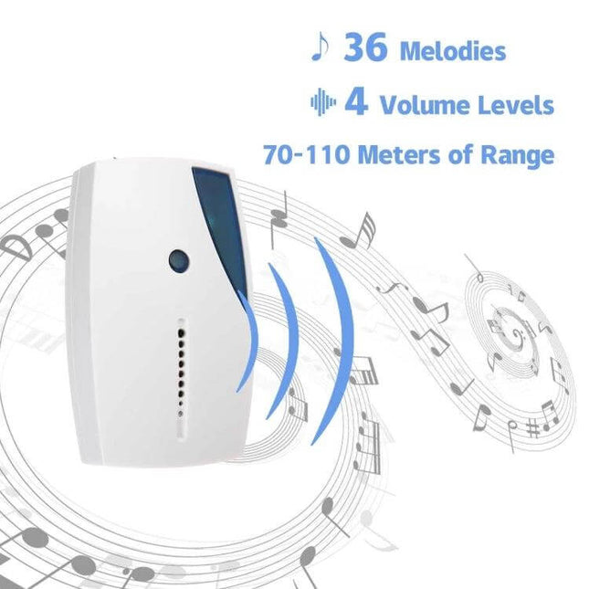 Wireless Doorbell with Multiple Chime Options for Home Entry - indoor receiver showing 36 melodies, 4 volume levels, 70-110m range