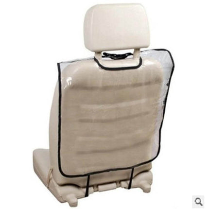 2 Pack Car Seat Back Cover Protector For Kids Kick Mat on beige car seat, clear PVC surface and fabric backing protects against mud spills and scuffs