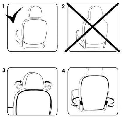 2 Pack Car Seat Back Cover Protector For Kids Kick Mat installation diagram showing correct headrest fit and strap attachment