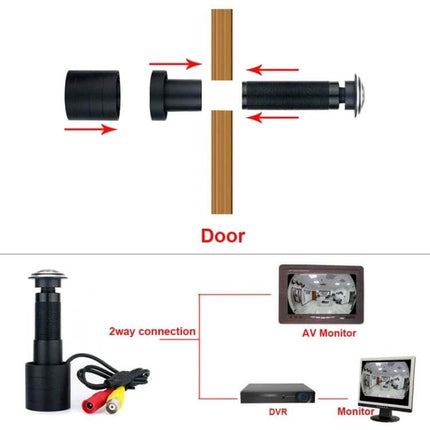 Adjustable Wide View Door Camera for Home Entry Monitoring showing adjustable length parts, 2-way AV connections to monitor, DVR and screen
