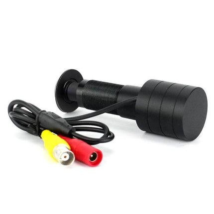 Adjustable Wide View Door Camera for Home Entry Monitoring showing black adjustable peephole camera with video and power connectors
