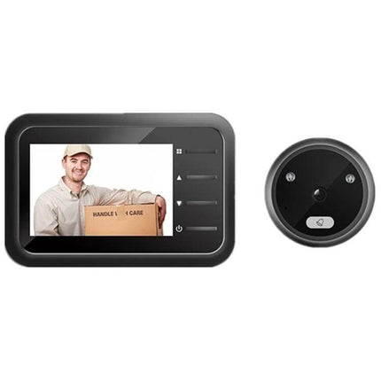 Smart Video Doorbell with 2.4-Inch Screen for Home Monitoring showing screen displaying visitor and round camera peephole