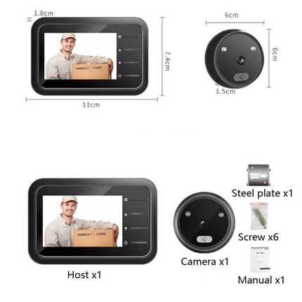 Smart Video Doorbell with 2.4-Inch Screen for Home Monitoring showing host monitor, camera unit and installation accessories