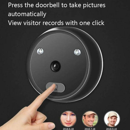Smart Video Doorbell with 2.4-Inch Screen for Home Monitoring showing round camera unit, finger pressing button, and visitor photo thumbnails