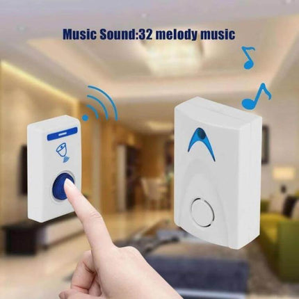 Home Wireless Doorbell with Remote Control for Entry Alerts - white wireless chime with remote button and music icons