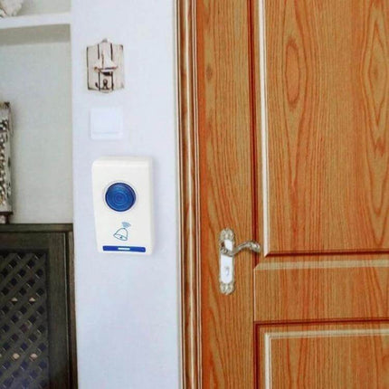 Home Wireless Doorbell with Remote Control for Entry Alerts mounted by interior door, showing receiver with blue button and visual indicator