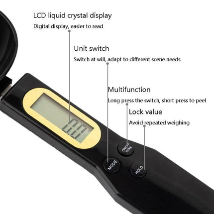 Electronic Measuring Spoon 500g 0.1g All Purpose Kitchen digital spoon scale with LCD display, mode and hold buttons, compact 30ml design