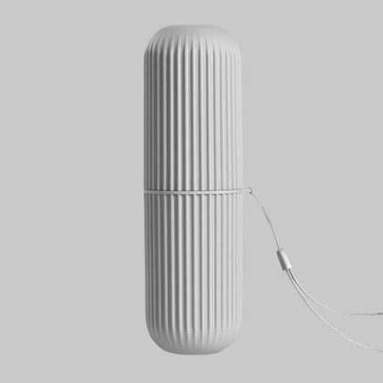 Travel Toothbrush Storage Cup With Two Mouthwash Cups compact ribbed PP travel case with rope tether for one toothbrush and two mouthwash cups