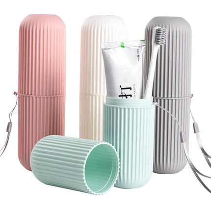 Travel Toothbrush Storage Cup With Two Mouthwash Cups compact PP travel kit with toothbrush tube and two rinse cups, rope tether for trips and commutes