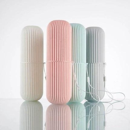 Travel Toothbrush Storage Cup With Two Mouthwash Cups compact ribbed travel case in pastel colors with tether for toothbrush and two mouthwash cups