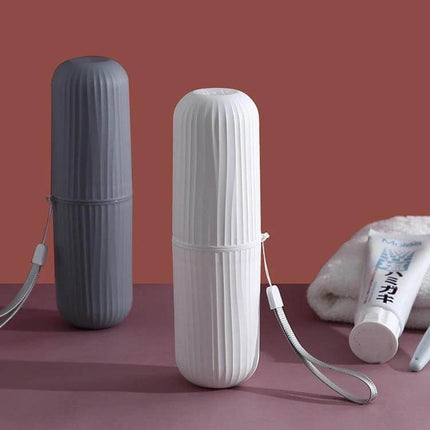 Travel Toothbrush Storage Cup With Two Mouthwash Cups compact PP kit with rope tether, holds one toothbrush and two mouthwash cups, white and gray models