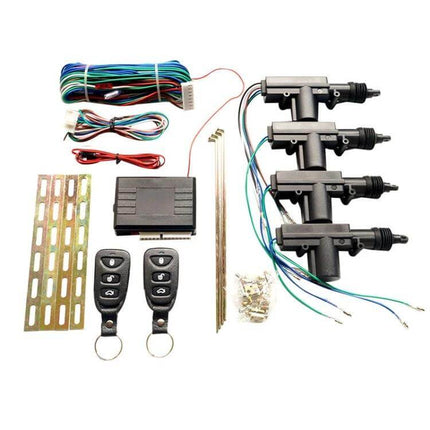 Wireless Car Keyless Entry Remote Control 7-Piece Set showing two remotes, control module, actuators, wiring harness and mounting hardware