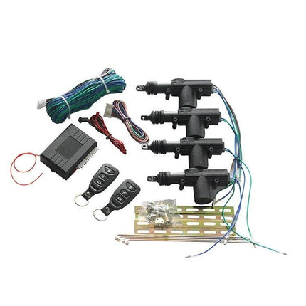 Wireless Car Keyless Entry Remote Control 7-Piece Set showing 4 actuators, control module, wiring harness and three remotes for GM vehicles