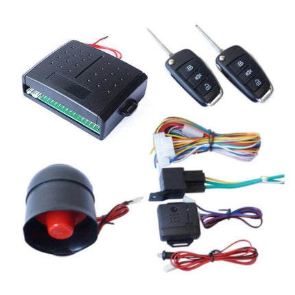 Universal Car Alarm System with Sound, Light, and Dual Remote Control - 12V ABS alarm kit with dual remotes, siren and wiring harness