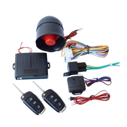 Universal Car Alarm System with Sound, Light, and Dual Remote Control - ABS 12V kit with siren, wiring harness, and two remotes