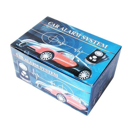 Universal Car Alarm System with Sound, Light, and Dual Remote Control box packaging showing remotes and car illustration