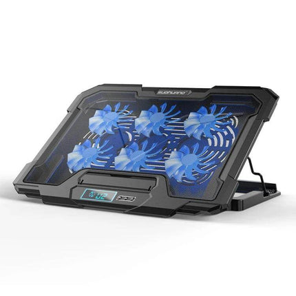Suohuang Notebook Cooler for Laptops and Gaming Use - black adjustable cooling pad with six blue fans and digital display