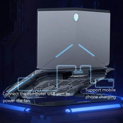 Suohuang Notebook Cooler for Laptops and Gaming Use shown holding a 17-inch laptop with LED fans and USB-powered cooling, ideal for gamers and professionals