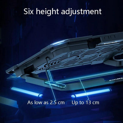 Suohuang Notebook Cooler for Laptops and Gaming Use showing six height adjustment levels and sturdy support for up to 17-inch laptops