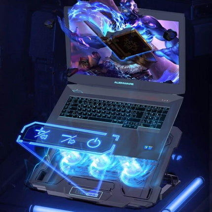 Suohuang Notebook Cooler for Laptops and Gaming Use showing cooling fans and laptop on stand to prevent overheating