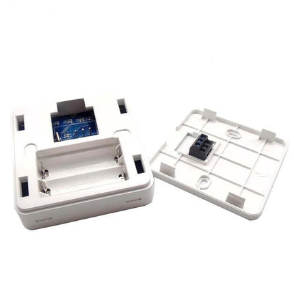 Programmable Wall-Hung Boiler Thermostat for Home Heating Control white slim wall-mounted unit with removable back plate and battery compartment
