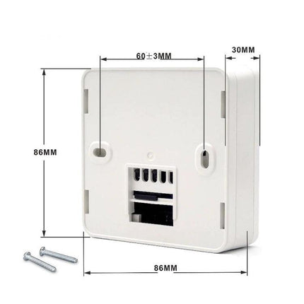 Programmable Wall-Hung Boiler Thermostat for Home Heating Control white slim wall-mounted unit back view with mounting screws and dimensions