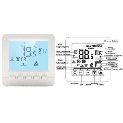 Programmable Wall-Hung Boiler Thermostat for Home Heating Control - slim white digital wall thermostat with backlit display and wiring diagram