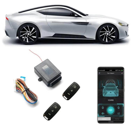 Three-Piece Wireless Car Door Access Set with App Control showing car, two remotes, wiring module and smartphone app