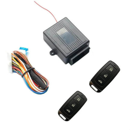 Three-Piece Wireless Car Door Access Set with App Control showing control module, wiring harness and two remote key fobs