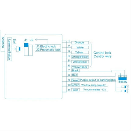 Three-Piece Wireless Car Door Access Set with App Control wiring diagram and wire color labels for 12V central locking system