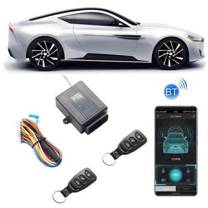 Three-Piece Wireless Car Door Access Set with App Control showing sedan, ECU module, wiring, two remotes and smartphone app