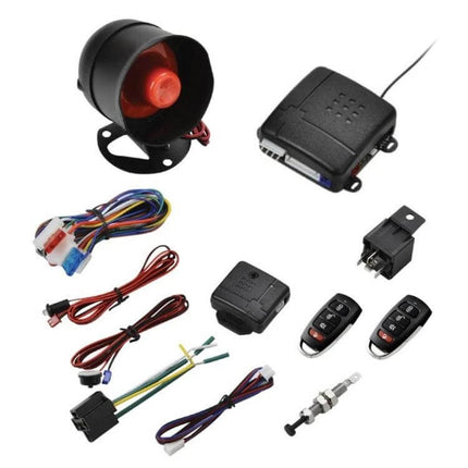 Universal Car Alarm System Set with Remote Control Horn showing siren, control module, wiring harnesses and two key fob remotes