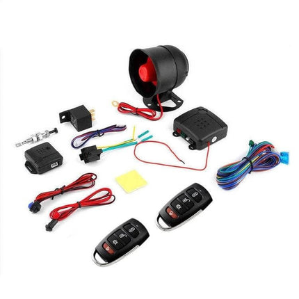 Universal Car Alarm System Set with Remote Control Horn - 12V kit with siren, two remotes, wiring harness and control modules