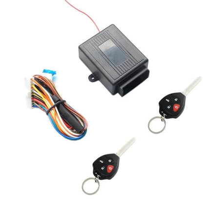 Car Keyless Entry Remote with Central Locking and Window Function - black control module, wiring harness and two remote key fobs