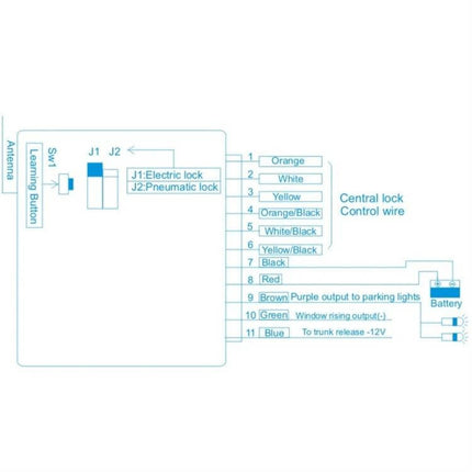 Car Keyless Entry Remote with Central Locking and Window Function wiring diagram showing wire color labels and outputs