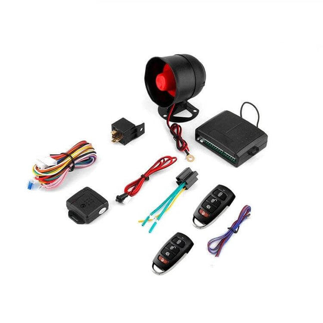 Set of Two One-Way Car Anti-Theft Alarms for 12V Vehicles - kit with siren, control module, wiring harness, relays and two remotes