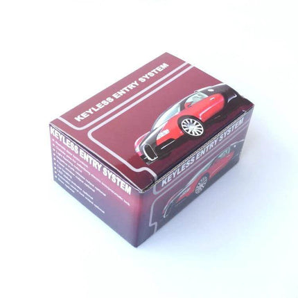 Car Keyless Entry Remote Control Set with 3 Keys for Locking shown in retail box with car graphic and keyless entry system branding