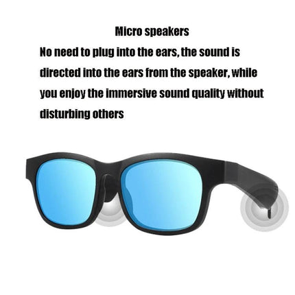 A12 Smart Bluetooth Audio Sunglasses Bluetooth Glasses, Blue, Black, Green, Red Gold, Silver shown with micro speakers and polarized lenses