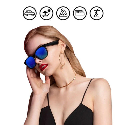 A12 Smart Bluetooth Audio Sunglasses Bluetooth Glasses, Blue, Black, Green, Red Gold, Silver model worn by woman with blue mirrored lenses