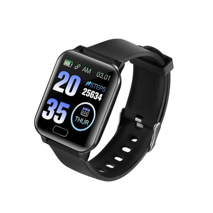 Smart Bracelet for Everyday Health and Activity Tracking - black smartwatch showing steps, time, heart rate and sleep icons