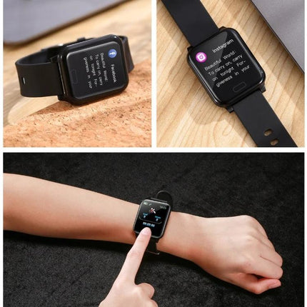 Smart Bracelet for Everyday Health and Activity Tracking showing wrist heart-rate, sleep and NFC access on a black smartwatch
