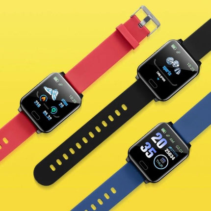 Smart Bracelet for Everyday Health and Activity Tracking on wrist showing heart rate, sleep and NFC functions with red, black and blue bands
