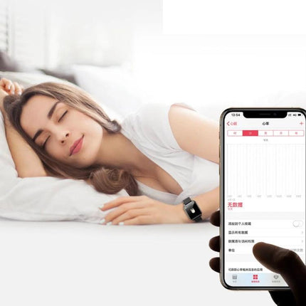 Woman sleeping wearing Smart Bracelet for Everyday Health and Activity Tracking with smartphone app showing sleep data and NFC convenience
