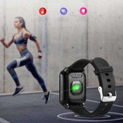 Smart Bracelet for Everyday Health and Activity Tracking wristband showing heart rate sensor, sleep and NFC features with runner in background