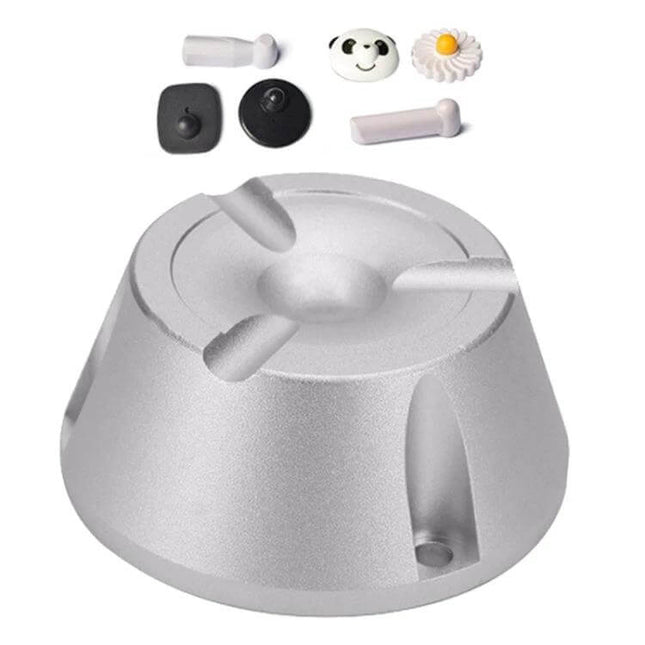 Universal Magnetic Detacher for Removing Retail Security Tags - silver magnetic detacher base with assorted retail hard tags