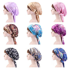 TJM-226 Chapeau turban en satin imprimé pour femme avec nœud en ruban, bonnet de nuit, chapeau de chimiothérapie en soie, chapeau tressé à longue queue