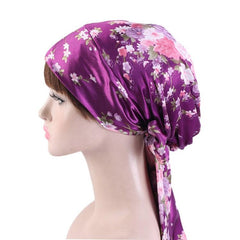 TJM-226 Gorro turbante con lazo de cinta con estampado de satén para mujer, gorro de noche, gorro de seda para quimioterapia, gorro trenzado de cola larga