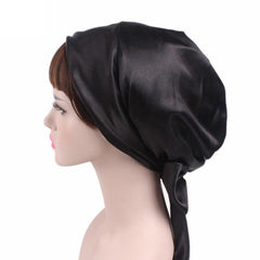 TJM-226 Chapeau turban en satin imprimé pour femme avec nœud en ruban, bonnet de nuit, chapeau de chimiothérapie en soie, chapeau tressé à longue queue