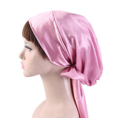 TJM-226 Gorro turbante con lazo de cinta con estampado de satén para mujer, gorro de noche, gorro de seda para quimioterapia, gorro trenzado de cola larga